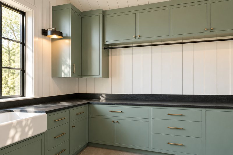 Sage green kitchen cabinets refinished with black stone counters in Phoenix, AZ