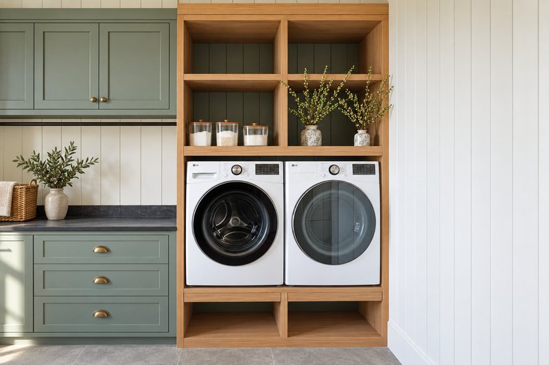 Built-in white oak laundry surround with open shelving