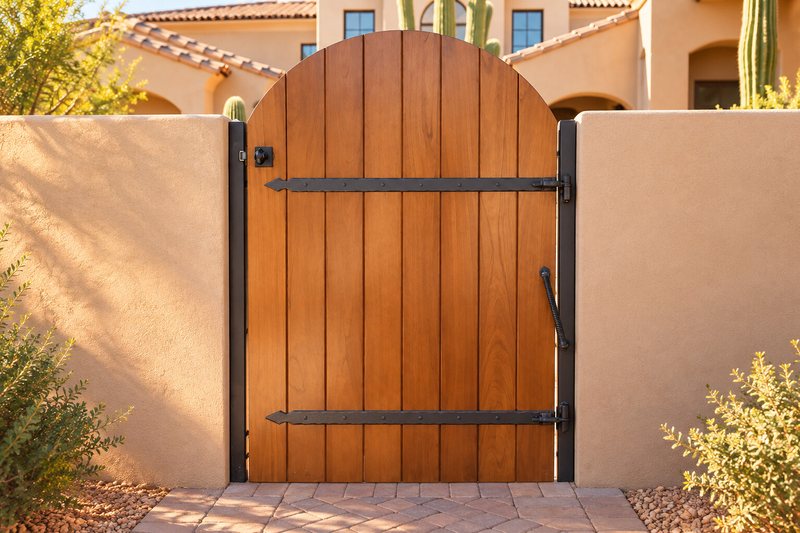 Arched wood side gate with iron strap hardware, sealed against the Arizona sun