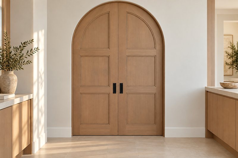 Arched white oak interior double doors, custom built and finished