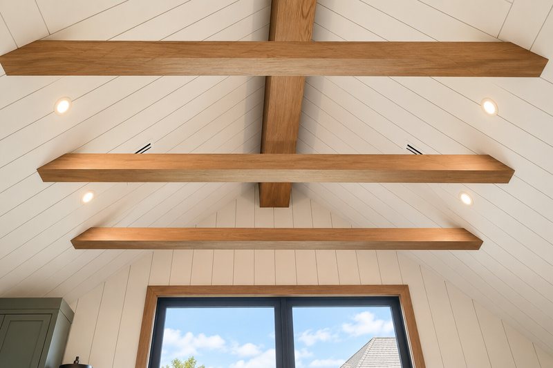 White oak ceiling beams and floating shelves over a vaulted shiplap ceiling