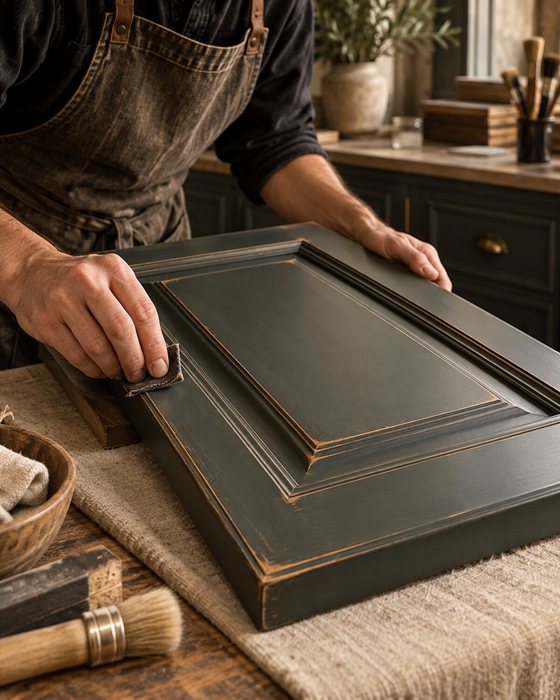 Distressed finish being applied to a cabinet door