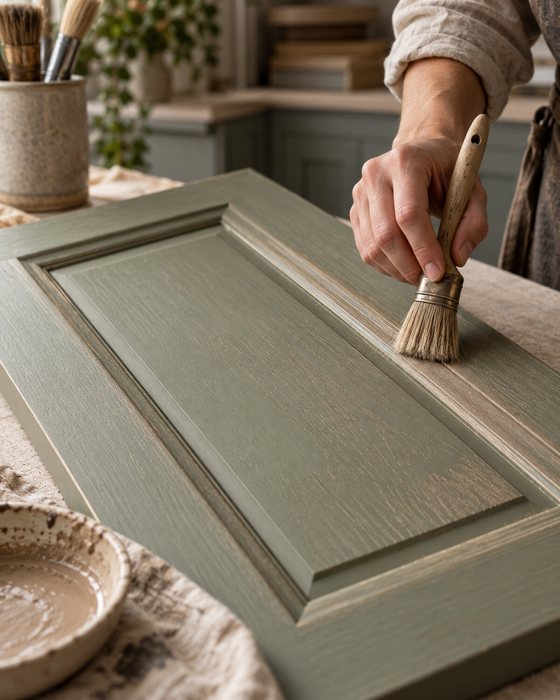 Drybrush finish being applied to a cabinet door