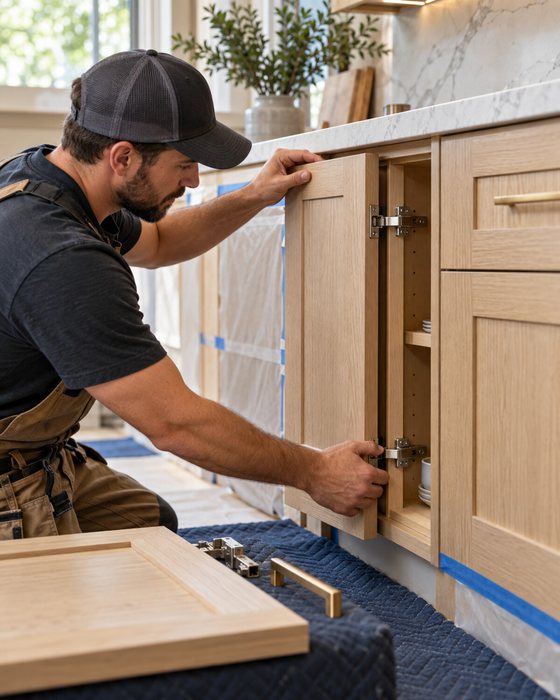 Refacing finish being applied to a cabinet door