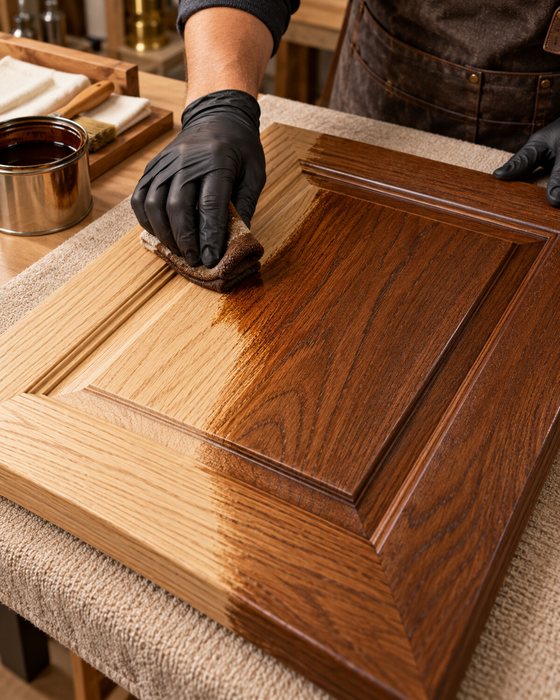 Stain finish being applied to a cabinet door